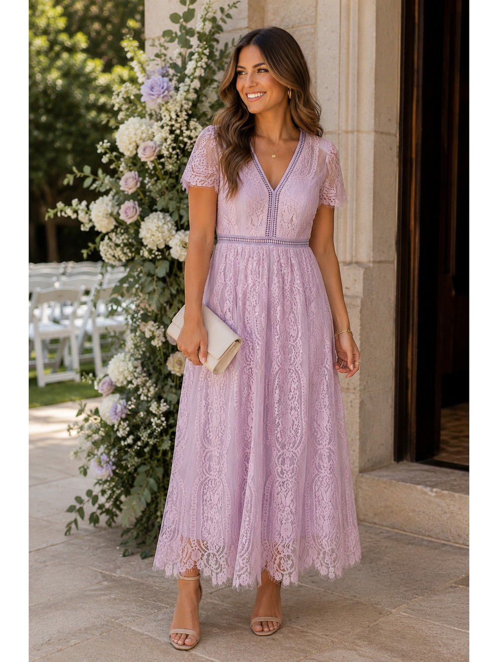 NWT MEROKEETY Lavender Lace Midi Maxi Dress M Romantic Cottagecore Wedding Guest